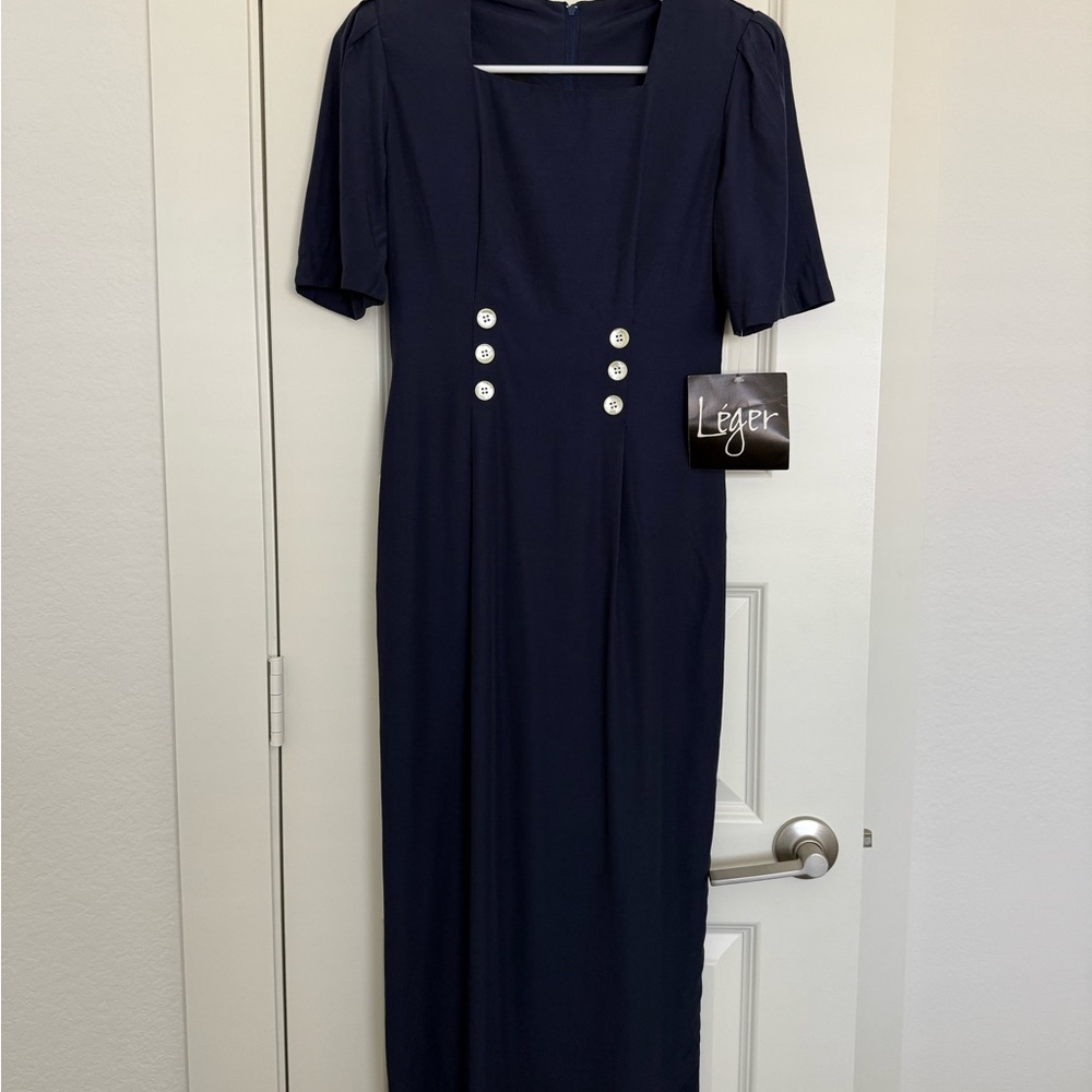 Vintage Elegant Navy Blue Dress with Button Detail